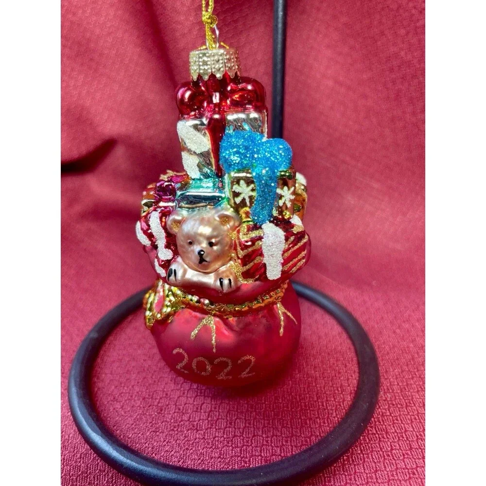 2022 Dated Blown Glass Santa’s Gift Bag~Christmas Ornament~Teddy~Glitter~NWT